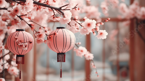 Pink traditional Japonese Lanterns Hanging from a cherry blossom Tree photo
