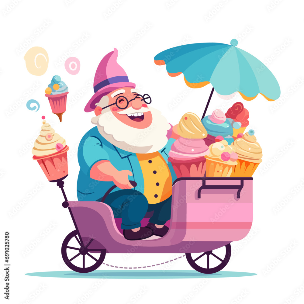 Fototapeta premium Man in a wizard hat is driving a pink cart with lots of cupcakes. He is smiling and holding an umbrella