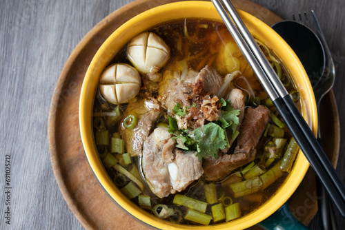 Braised pork kaolao with morning glory and sprouts, local Thai food