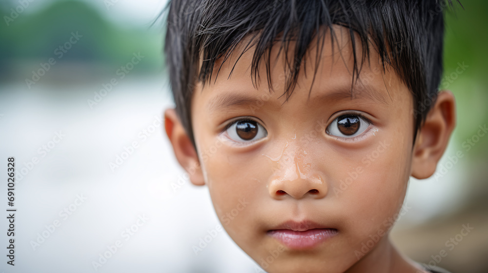 a young Vietnamese boy playing by a tranquil riverside, his eyes filled with curiosity and wonder. a young Vietnamese boy playing by a tranquil riverside, his eyes filled with curiosity and wonder.