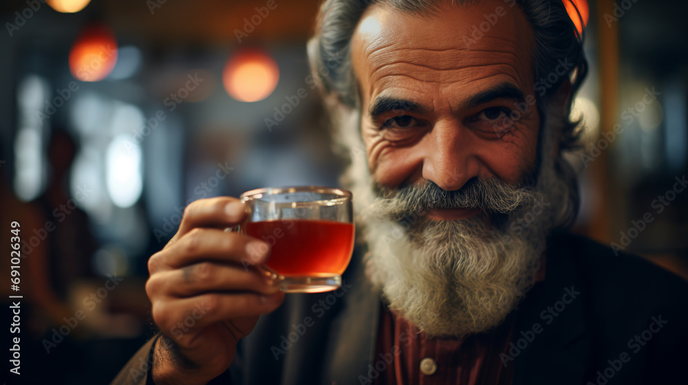 a man takes a sip of a traditional Turkish tea, the aromatic brew served in a delicate glass. The experience reflects the warmth and hospitality of Turkish culture. a man takes a sip of a traditional Turkish tea, the aromatic brew served in a delicate glass. The experience reflects the warmth and hospitality of Turkish culture.