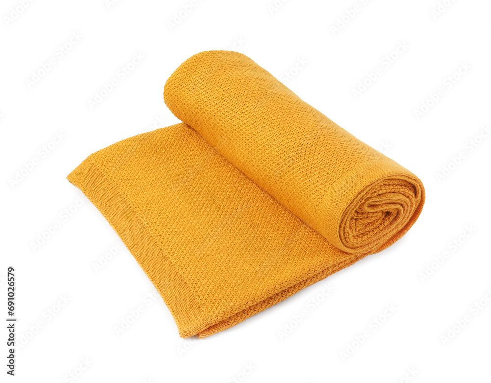 Beautiful yellow knitted blanket isolated on white Beautiful yellow knitted blanket isolated on white