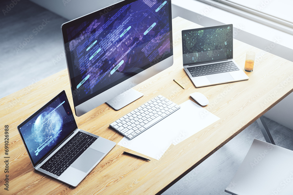 Computer monitor with abstract creative programming illustration and world map, big data and blockchain concept. 3D Rendering Computer monitor with abstract creative programming illustration and world map, big data and blockchain concept. 3D Rendering