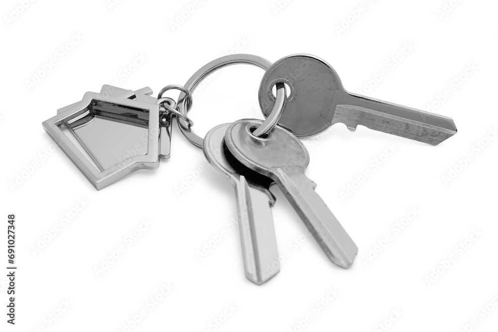 Keys with keychain in shape of house isolated on white Keys with keychain in shape of house isolated on white