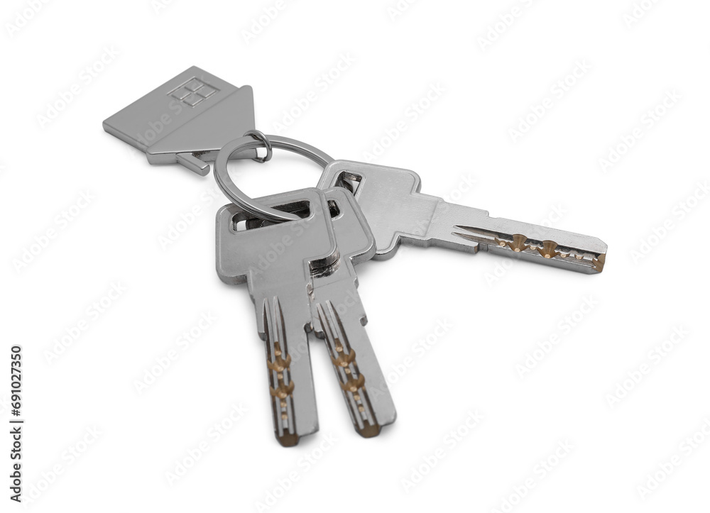 Keys with keychain in shape of house isolated on white Keys with keychain in shape of house isolated on white