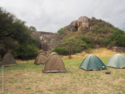 Campsite with tents in Serengeti National Park in Tanzania