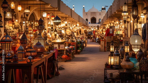 Colorful and busy souk in Doha Qatar with traditional lamps and textiles.
