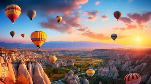 Colorful hot air balloons over the fairy chimneys in Cappadocia at sunset.
