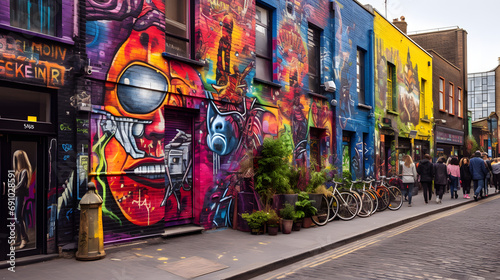 Colorful street art in the bohemian neighborhood of Camden London. photo