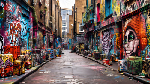 Colorful street art in the bohemian neighborhood of Camden London. photo