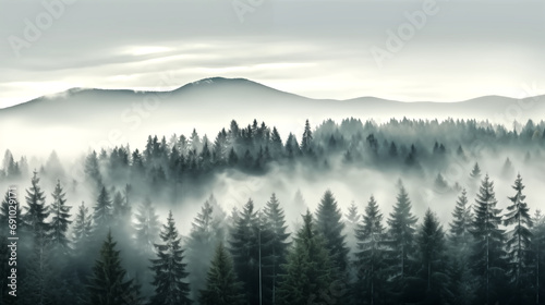 wide landscape of pine trees in misty forest © pasakorn