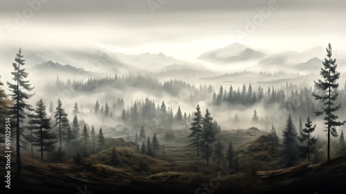 wide landscape of pine trees in misty forest