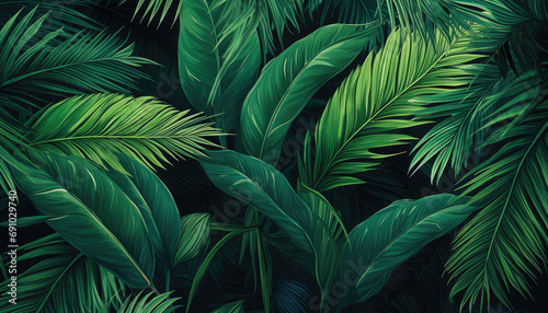 Background with green vibrant palm leaves.
