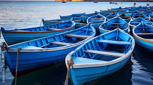 Traditional blue boats in the coastal town of Chefchaouen Morocco. © Finn