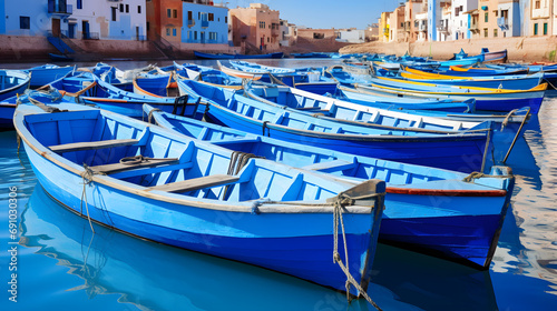 Traditional blue boats in the coastal town of Chefchaouen Morocco. © Finn