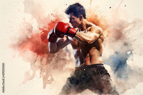Watercolor painting of boxer striking a blow, Generative AI 