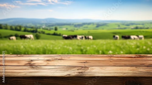 Wooden Table Overlooking Pastoral Landscape