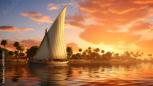 Traditional felucca sailing on the Nile River at sunset in Egypt.
