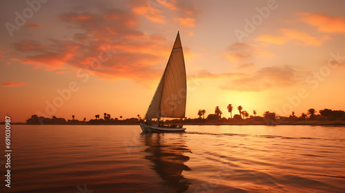 Traditional felucca sailing on the Nile River at sunset in Egypt.