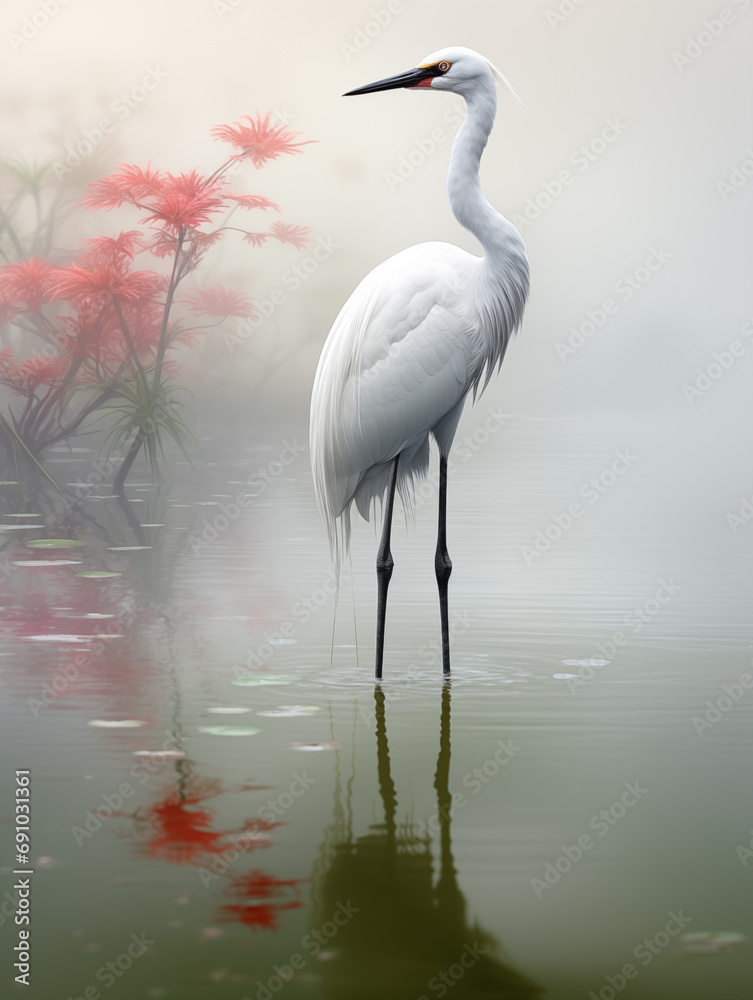 Naklejka premium Crane in the lake,created with Generative AI tecnology.