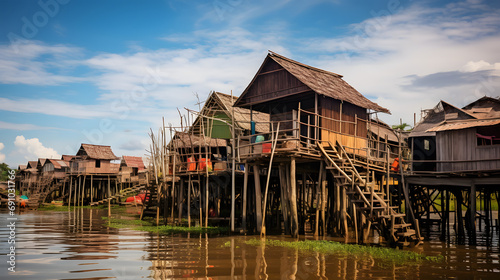 Traditional wooden stilt houses in a floating village in Cambodia. photo