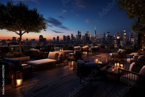 A chic rooftop bar with ambient lighting, comfortable seating, and a city view. © Muzamili art