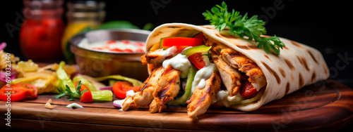Shawarma with meat and vegetables on the table. Selective focus. photo