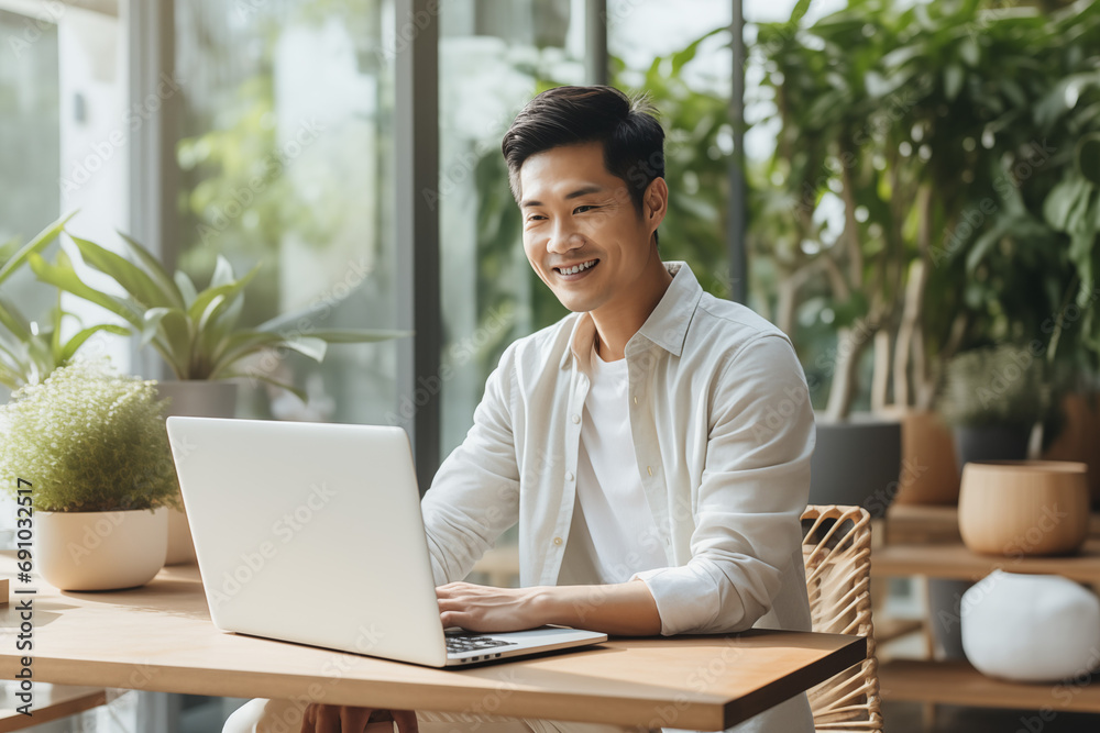 Happy Chinese Man Working from Home. Freelance and remote job concept Happy Chinese Man Working from Home. Freelance and remote job concept