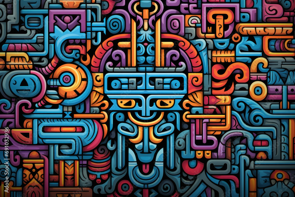 Complex and colorful Aztec-inspired graffiti art, showcasing intricate patterns and vibrant designs with tribal influences.