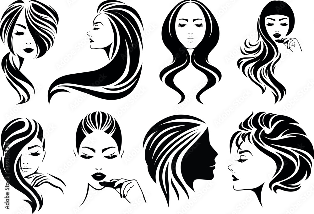 Beautiful Women with hairstyle silhouette set. Hair Beauty Salon Logo . black Illustration in various themes. Hand drawn Vector collection V2.