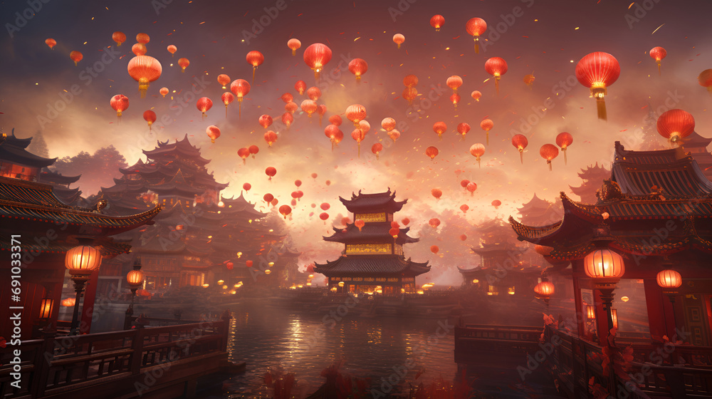 A celebratory backdrop featuring Chinese red lanterns and ancient temples, festive atmosphere