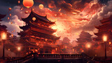 Festive illustration with Chinese ancient temples and paper lanterns, new year