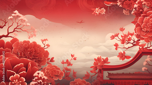 Bright background with red flowers in Chinese style photo