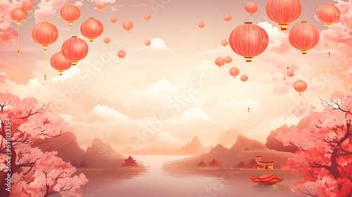 Festive background with Chinese paper lanterns and pink blooming trees photo