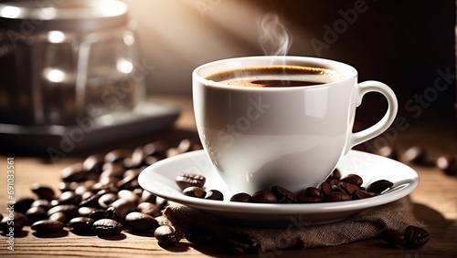 A cup of freshly brewed coffee. The steam coming from the drink  the rays of light. Coffee beans. A delicious drink for morning breakfast or meal.                      