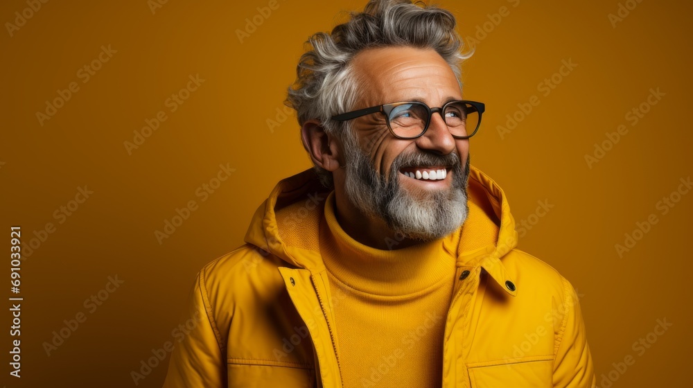 Stylish Male with a bright personality. Male portrait on dark yellow backgrounds.