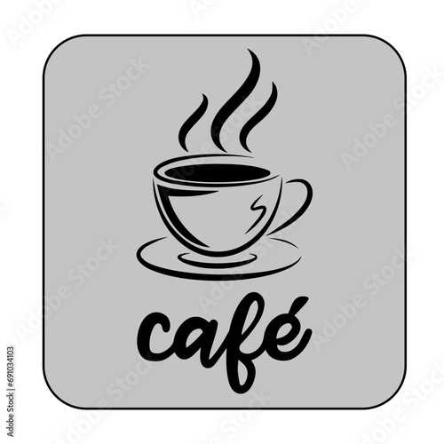 Placa Decorativa Café. Arte minimalista na cor cinza com símbolos em preto.