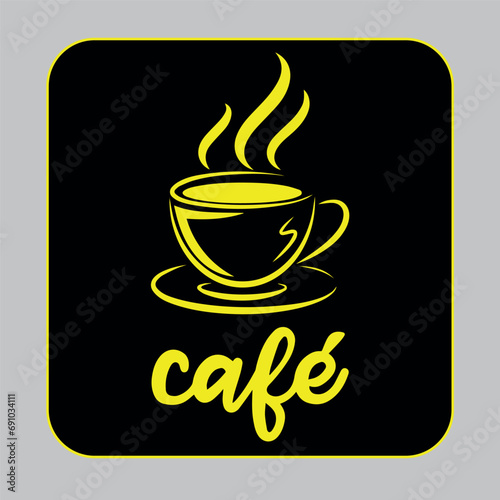 Placa Decorativa Café. Arte minimalista na cor preta com símbolos em amarelo.
