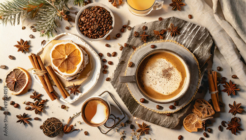Top view of a cup of coffee with spices and cinnamon on a rustic table. Espresso and cappuccino with aromatic winter decorations. Breakfast in December for New Year's Eve and Christmas. 