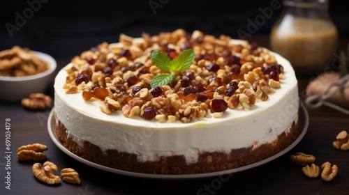 Holiday table with a delectable addition     cheesecake adorned with nuts. 