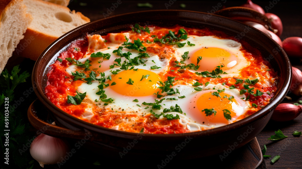 shakshuka in a frying pan. Selective focus. shakshuka in a frying pan. Selective focus.
