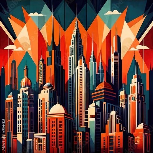 Urban cityscape with skyscrapers in retro modern vintage art deco illustration © Kheng Guan Toh