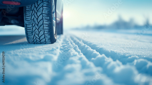 Car wheels on a snowy road. Selective focus.