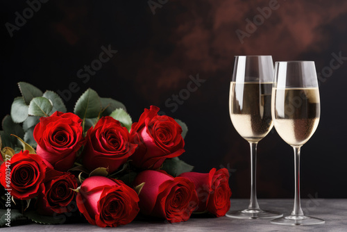 Bottle of Champagne and red roses, romantic Valentine's day background