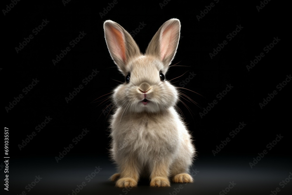 Obraz premium Brown adorable rabbit pet. studio portrait of fawn colored flemish giant rabbit standing on hind legs looking up against a black background