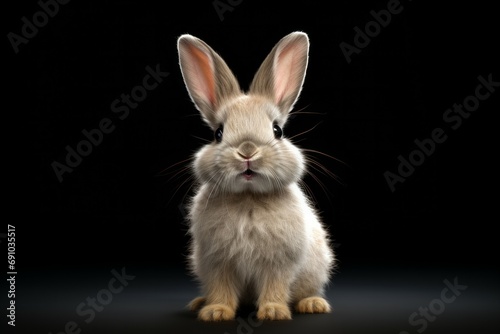 Brown adorable rabbit pet. studio portrait of fawn colored flemish giant rabbit standing on hind legs looking up against a black background
