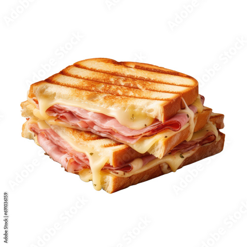 Cheese and ham toasted panini melt isolated on white or transparent background