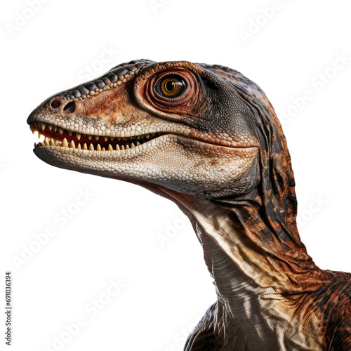 Close up of velociraptor dinosaur isolated on white or transparent background © Nazmus