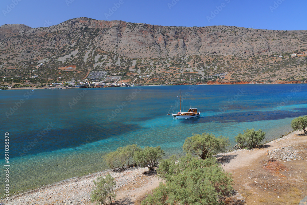 Obraz premium View of Plaka from Spinalonga Island, Crete, Greece. Europe.