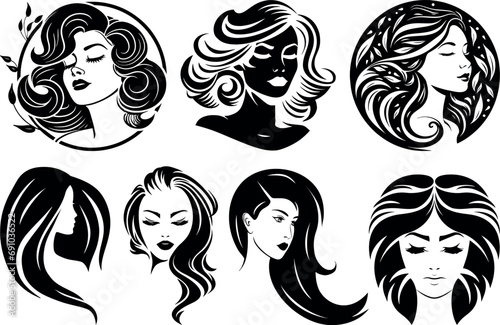 Beautiful Women with hairstyle silhouette set. Hair Beauty Salon Logo . black Illustration in various themes. Hand drawn Vector collection.